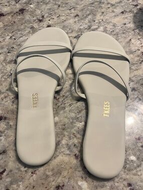 TKEES Women's Cream Double-Strap Slide Sandals